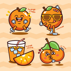 Playful cartoon oranges with different personalities and emotions, including juice, love, joy, and coolness on a fun background.
