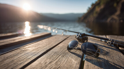 Fishing rod and sunglasses resting on wooden dock by lake at sunset  