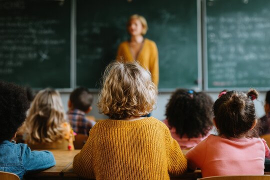 Classroom scene with diverse children attentively listening to a teacher in a vibrant setting - Powered by Adobe