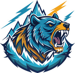 Fierce blue bear roaring with sharp teeth and yellow eyes against icy mountains and lightning bolts white