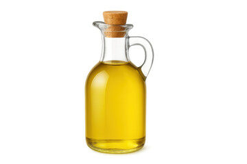 Transparent background highlighting golden olive oil in glass jug, sealed with cork stopper