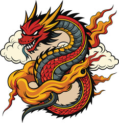 Fierce Red Dragon With Golden Flames And Clouds yellow orange