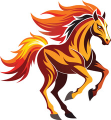 Fiery horse galloping with flowing mane and tail running fire