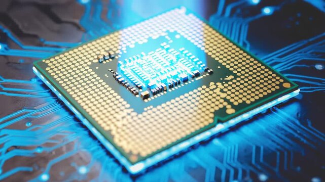 Close-Up View of a Glowing Microchip on Circuit Board