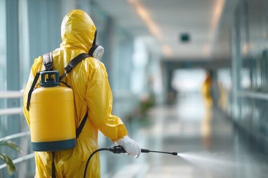 Worker in protective gear sanitizing a modern corridor with plants and reflective surfaces