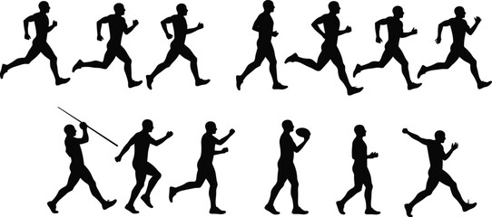 Silhouette athletes running, walking, jumping, throwing javelin, sports activity vector, dynamic poses, flat black illustration, sports cad drawing