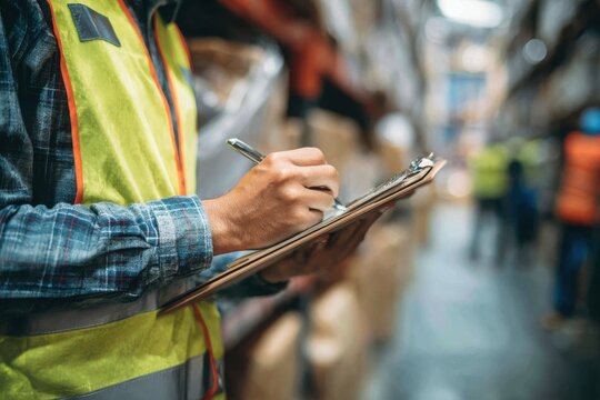Worker in safety vest taking notes on clipboard in busy warehouse with stacked boxes
