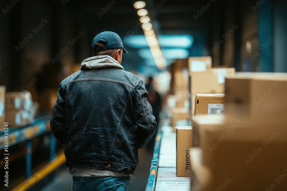 Poster worker navigating through a busy warehouse filled with stacked boxes and ambient lighting