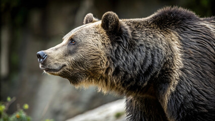 Obraz premium A captivating portrait of a brown bear cub in its natural forest habitat, showcasing the wild mammal's fur and the inherent danger of this magnificent predator