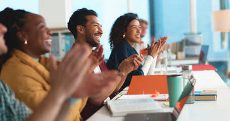 Applause, university and students in classroom happy for passing test, exam results and assignment....
