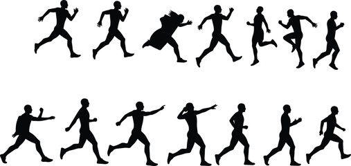 Silhouette of man running in different dynamic poses, flat vector style, cad drawing illustration, movement sequence, black action figure
