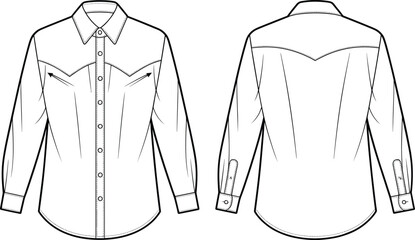 Western style shirt front and back, pointed yoke detail, button-down fashion shirt sketch, long sleeve vector, CAD apparel drawing