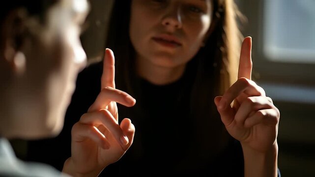 Ultra-realistic shot of business office diversity shot with deaf communication in sign language, inclusive workplace moment