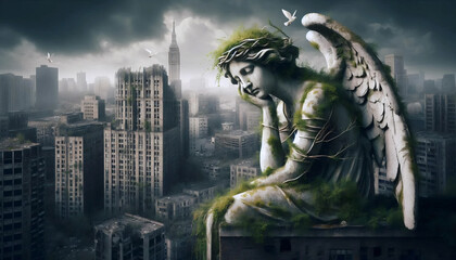 Fototapeta premium A stone angel statue covered in ivy on a forgotten rooftop, Ai generated image