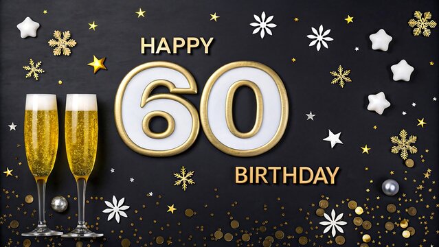 Happy 60th birthday celebration with champagne glasses and festive decorations

