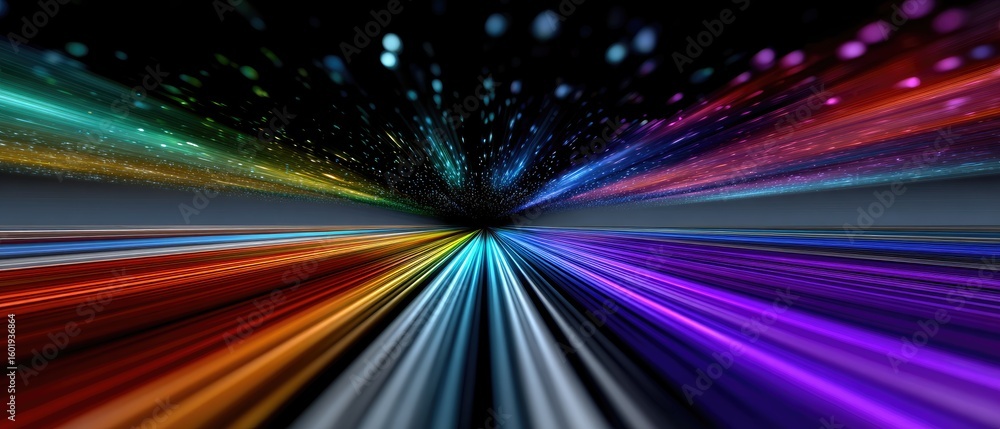 Poster a vibrant, dynamic light trail effect with multiple colored streaks converging towards a vanishing p