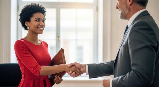 A smiling woman in a red dress shaking hands with a man in a suit. - Powered by Adobe