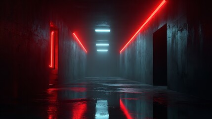 An empty dark room with green fluorescent neon lights creates a stage-like atmosphere, perfect for a scene or night club party concept, with ample space