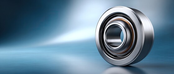 A close-up image of a shiny, metallic ball bearing with a blurred blue background.