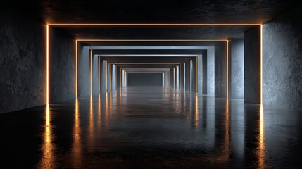 An empty dark room with green fluorescent neon lights creates a stage-like atmosphere, perfect for a scene or night club party concept, with ample space