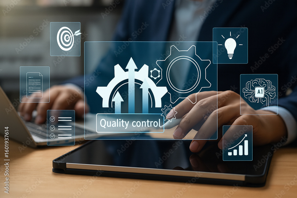 Poster businessperson managing quality control process with digital interface and ai for operational effici