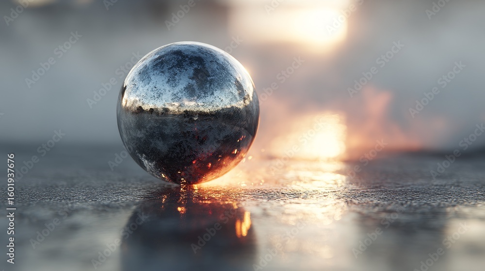 Poster reflection of light on polished metal surface with soft tones and warm glow, set in foggy environmen