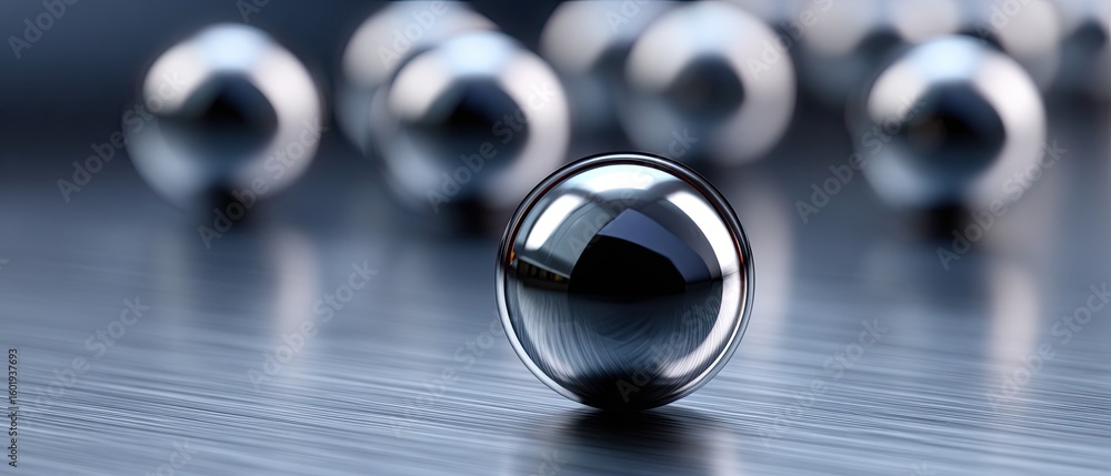 Poster a shiny metallic sphere in sharp focus with several blurred metallic spheres in the background on a 