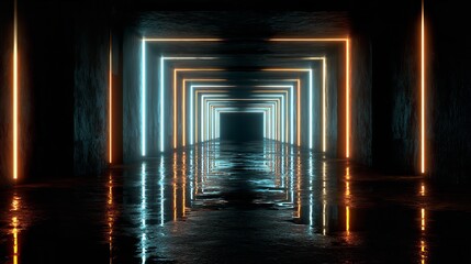An empty dark room with green fluorescent neon lights creates a stage-like atmosphere, perfect for a scene or night club party concept, with ample space