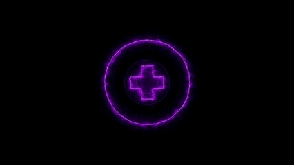 Glowing purple first aid cross symbol within a circle on a black background
