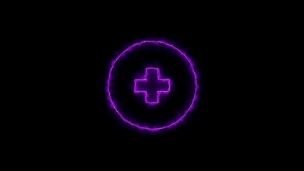 Glowing neon purple medical plus sign inside a circular shape on black background