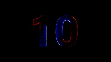 Glowing neon number ten with red and blue light on a black background