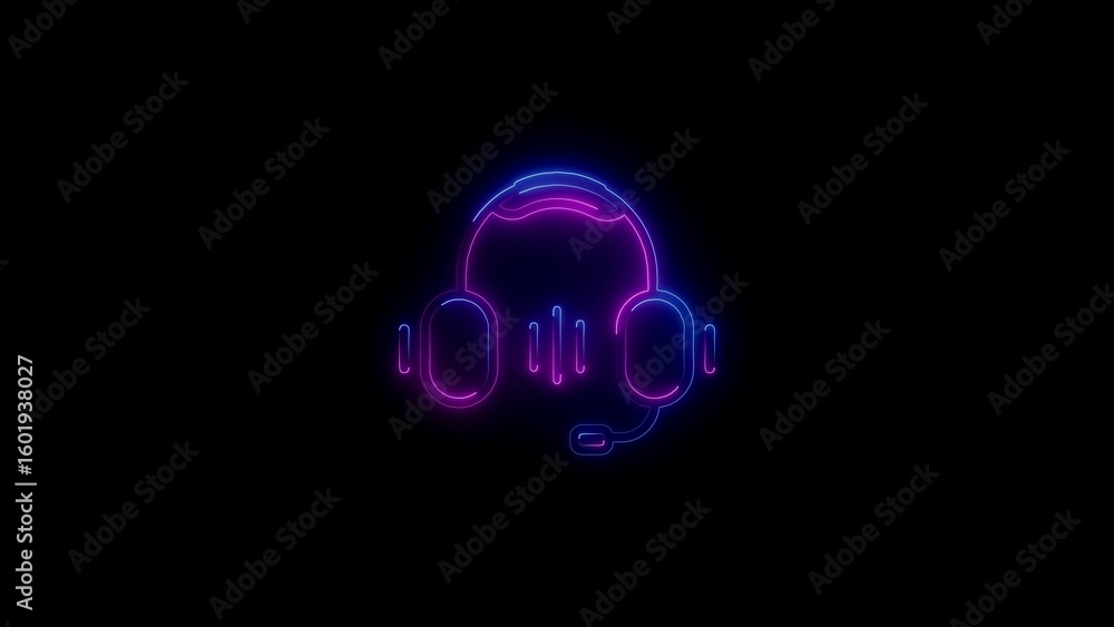 Poster neon headset icon design with sound waves representing audio and communication on black background