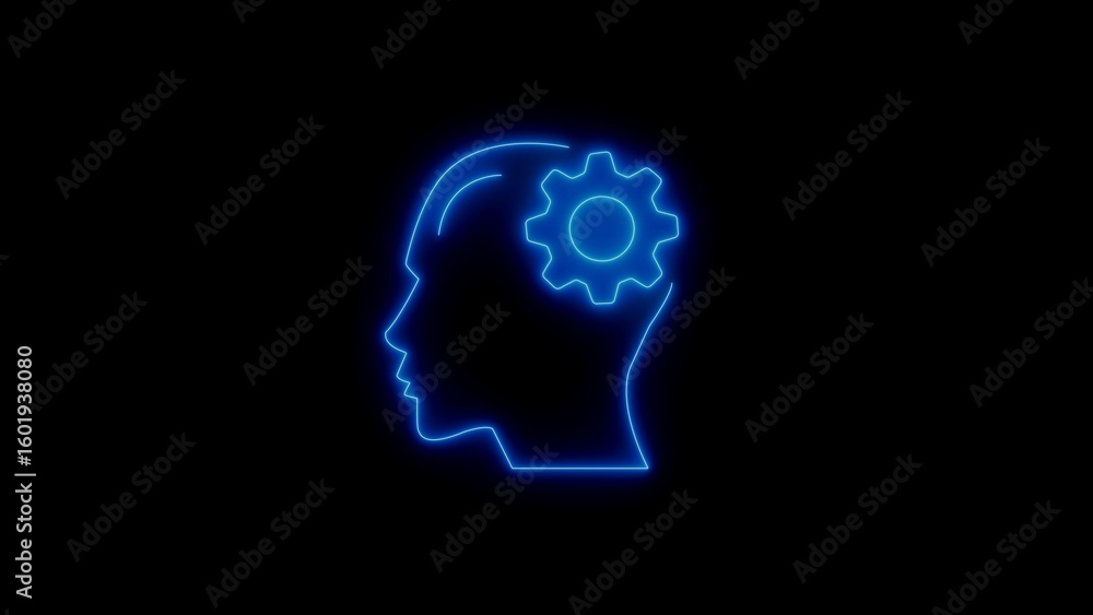 Poster conceptual illustration of human mind processing thinking and problem solving with gears