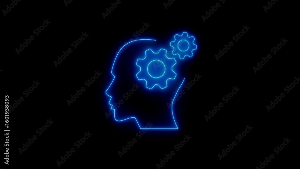 Poster conceptual depiction of brain function with glowing outline gears within a human head