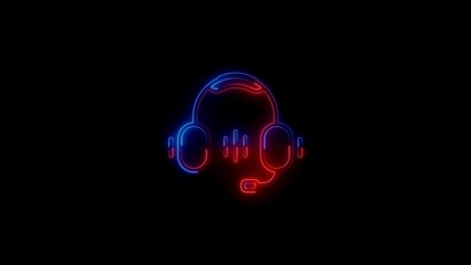 Modern neon headset icon with microphone in blue and red glowing lines on black