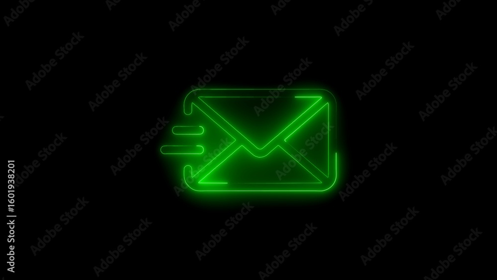 Poster glowing green email envelope sending a message against a black background