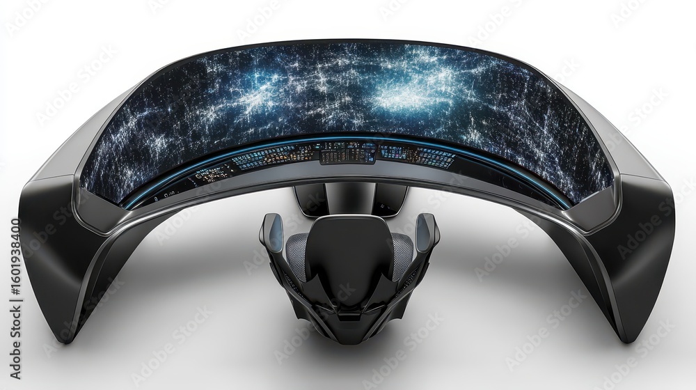 Poster futuristic curved desk with large screen display.