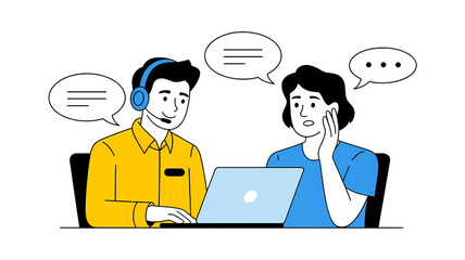 Customer service agent with headset communicates with a client using a laptop