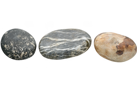 Three smooth rounded and textured pebbles with distinct patterns isolated on transparent background