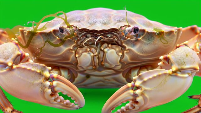 Front View Close-up of a Light-Colored Marine Crab with Seaweed, Isolated on a Vibrant Green Screen Background for Easy Compositing and Wildlife Study