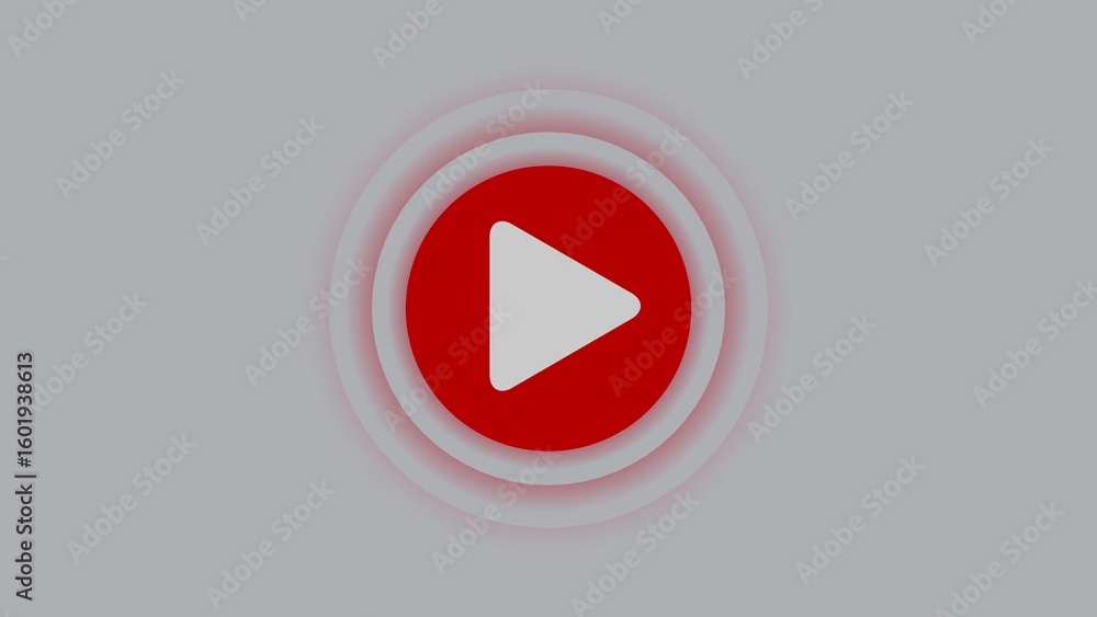 Poster modern play button icon graphic with red circle and white triangle on grey background