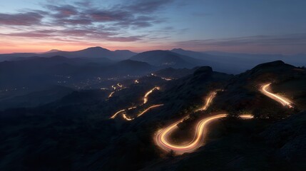 Illuminated Winding Road on a Mountaintop at Twilight