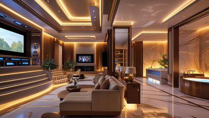 Luxury home interior design living room lighting modern architecture sofa bathtub television plants