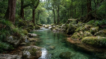 Obraz premium Tranquil Green Forest River Landscape