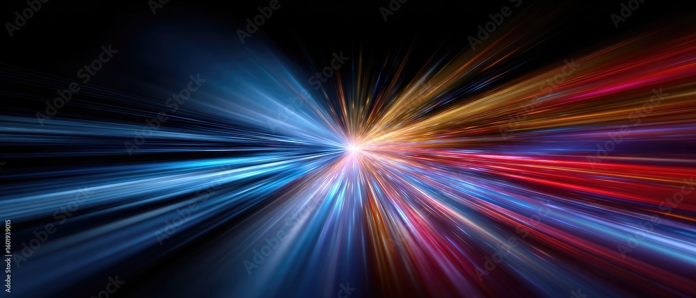 Poster a vibrant burst of red and blue light streaks radiates from a central point against a dark backgroun