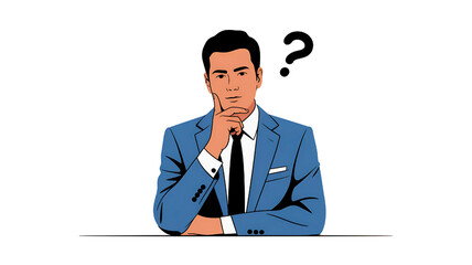A man in a blue suit ponders with a question mark above his head isolated on transparent background
