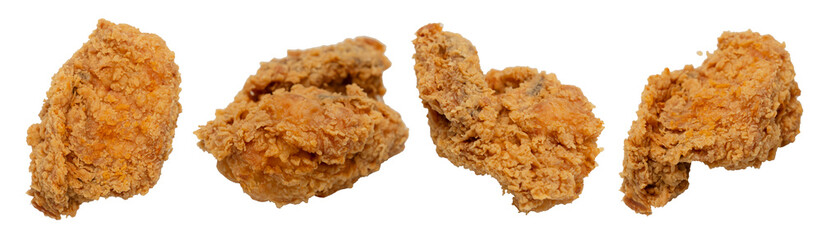 Four golden, crunchy fried chicken wings arranged in a row on white background, ideal for fast food menus and ads