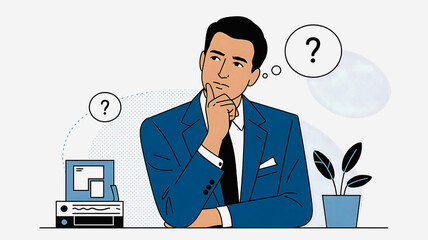A businessman in a suit ponders with a question mark above his head next to a computer and a potted plant