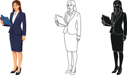 Businesswoman character vector illustration of professional woman in suit holding clipboard and file folder