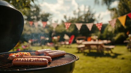 A grill with sizzling burgers and hot dogs, set up in a sunny backyard with flags and picnic decor in the background, summer vibes